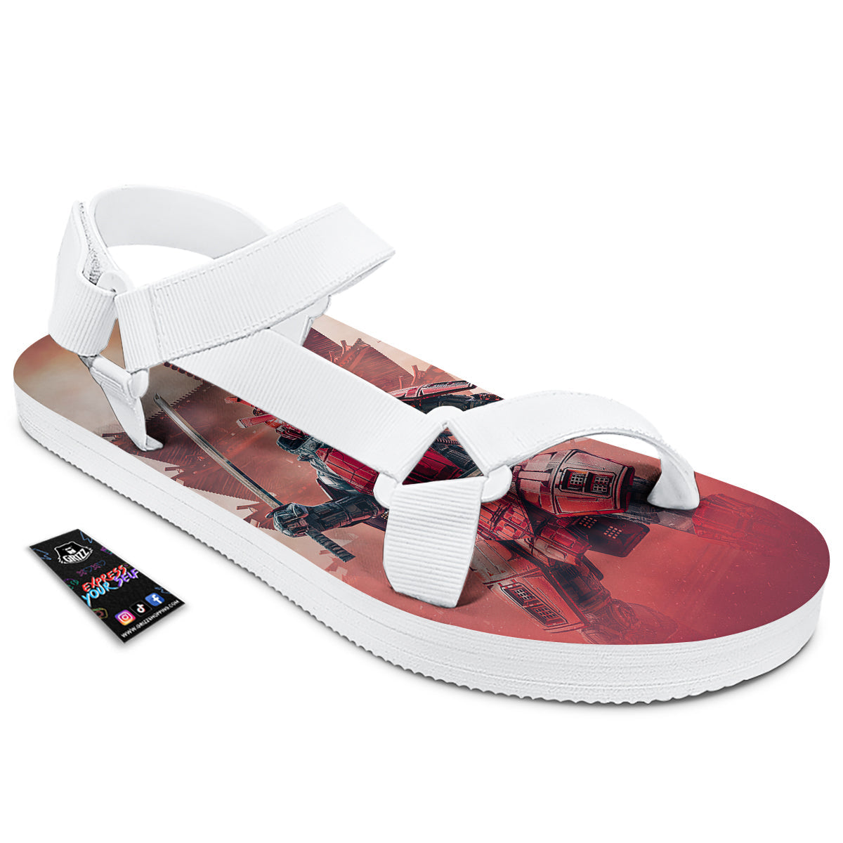 Samurai Robot Print White Open Toe Sandals-grizzshop