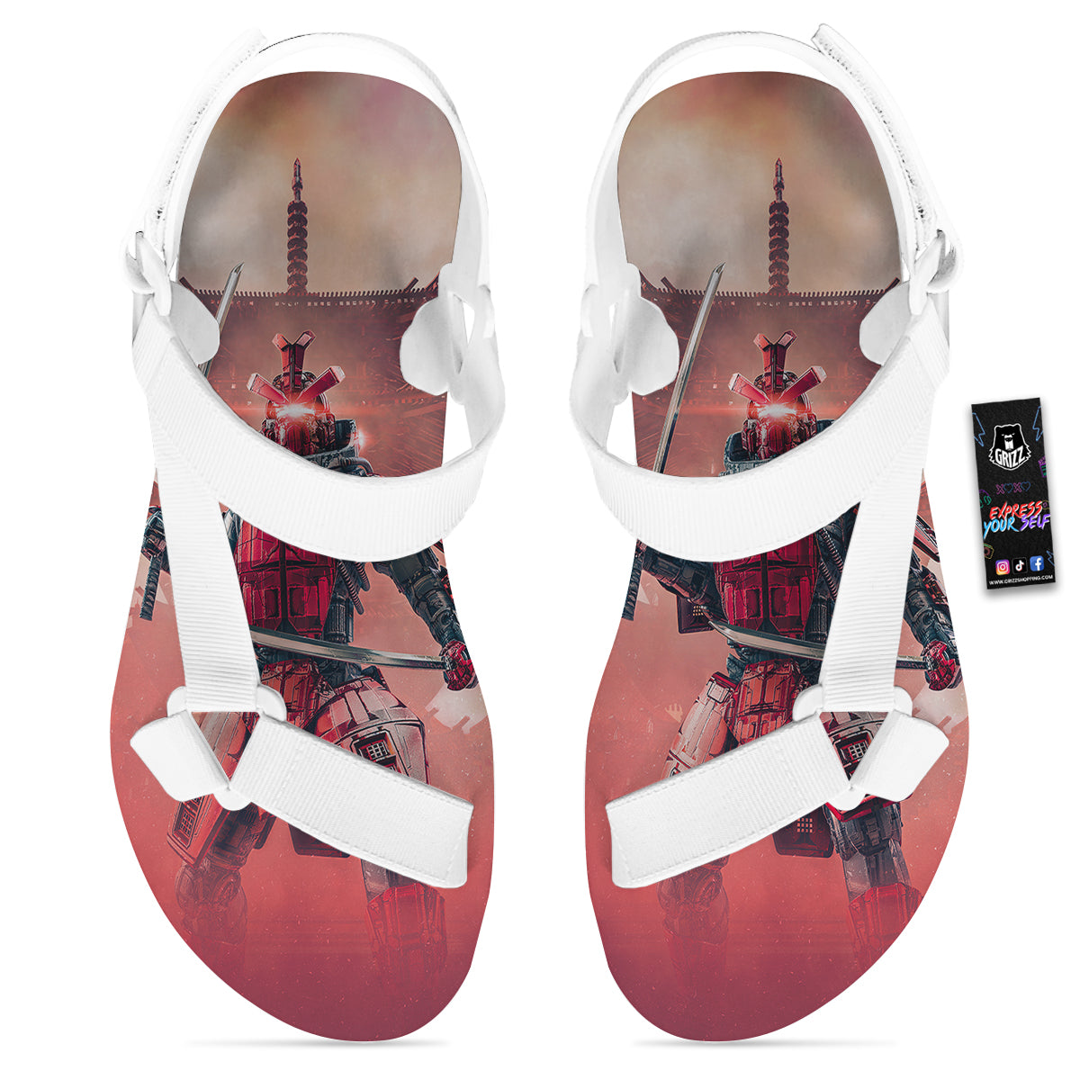 Samurai Robot Print White Open Toe Sandals-grizzshop