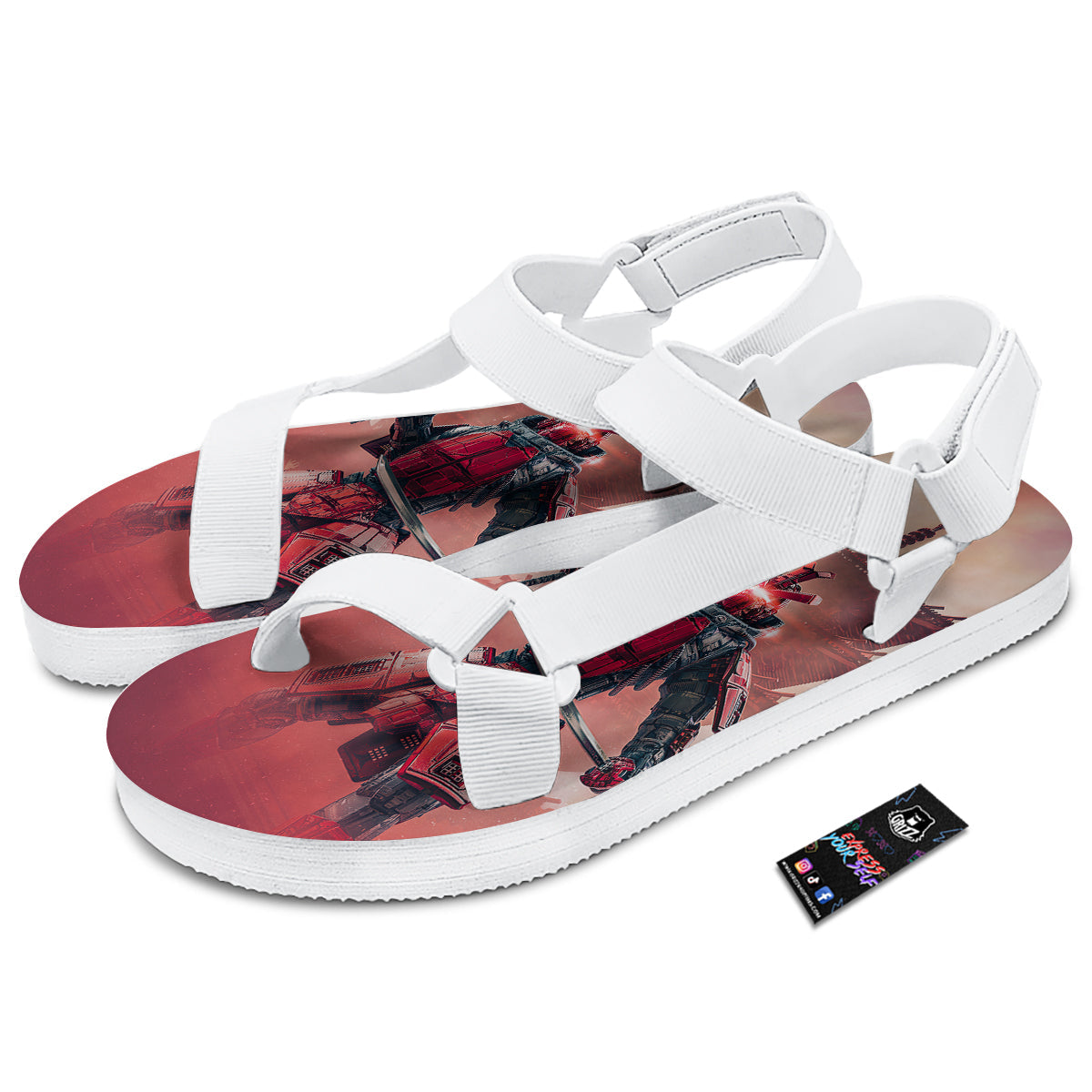 Samurai Robot Print White Open Toe Sandals-grizzshop