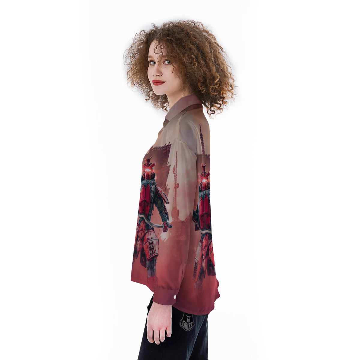 Samurai Robot Print Women's Long Sleeve Shirts-grizzshop