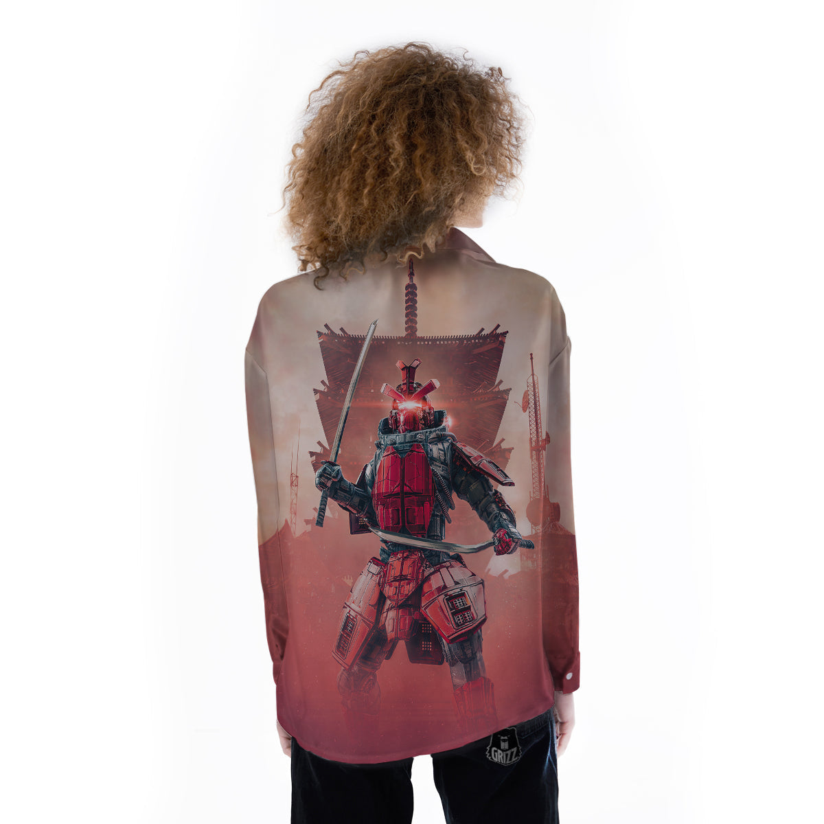 Samurai Robot Print Women's Long Sleeve Shirts-grizzshop