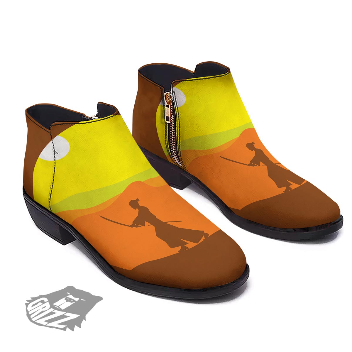 Samurai Sunset Japanese Print Ankle Boots-grizzshop