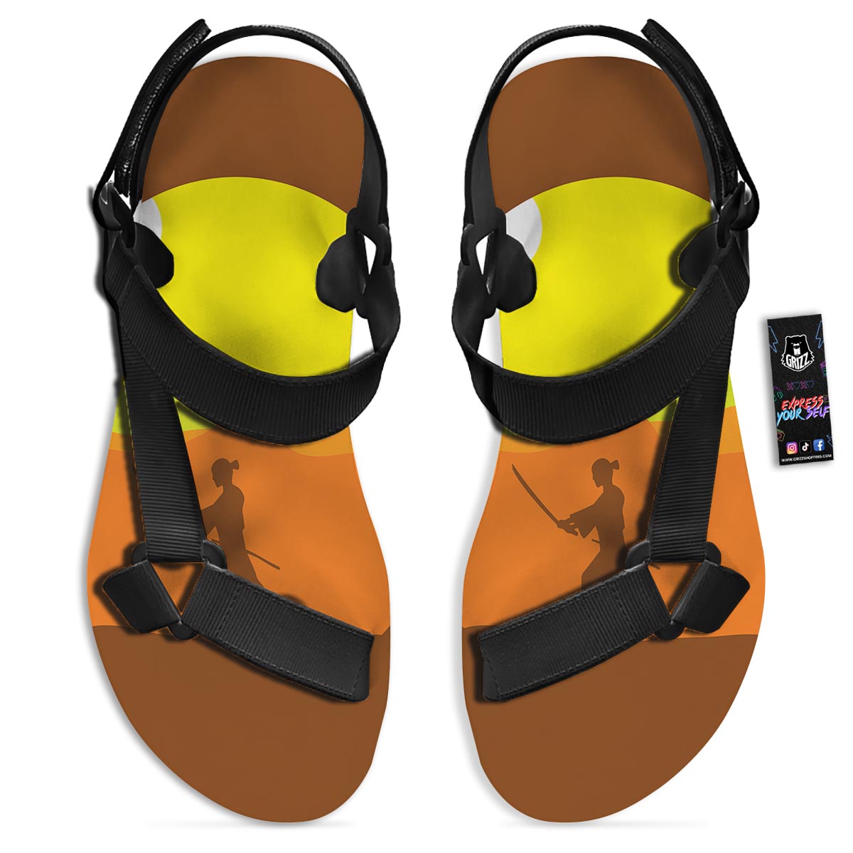 Samurai Sunset Japanese Print Black Open Toe Sandals-grizzshop
