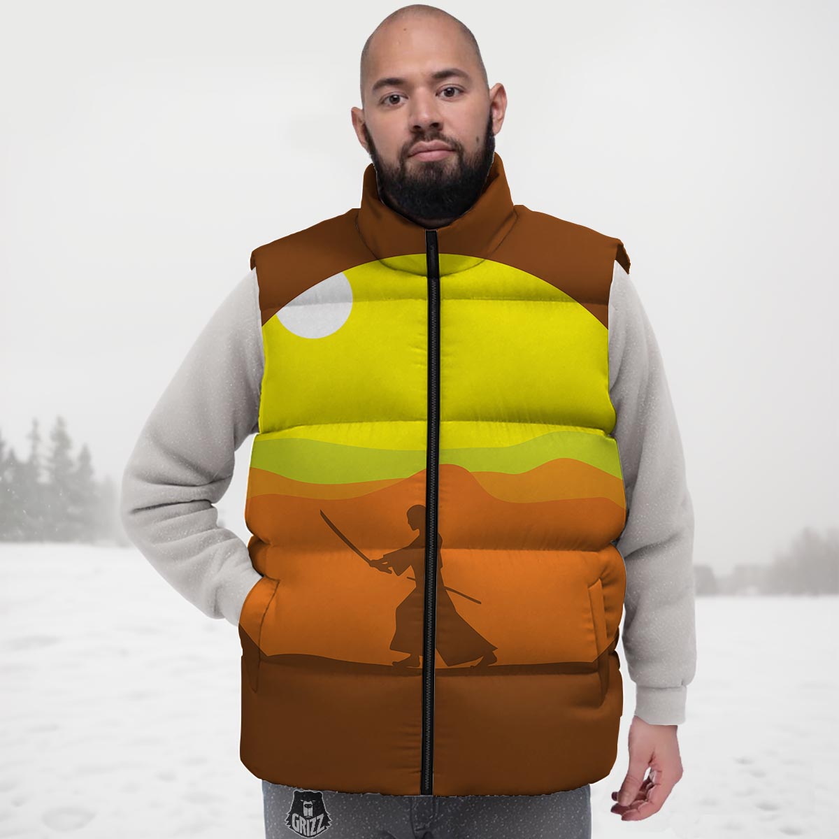 Samurai Sunset Japanese Print Down Vest