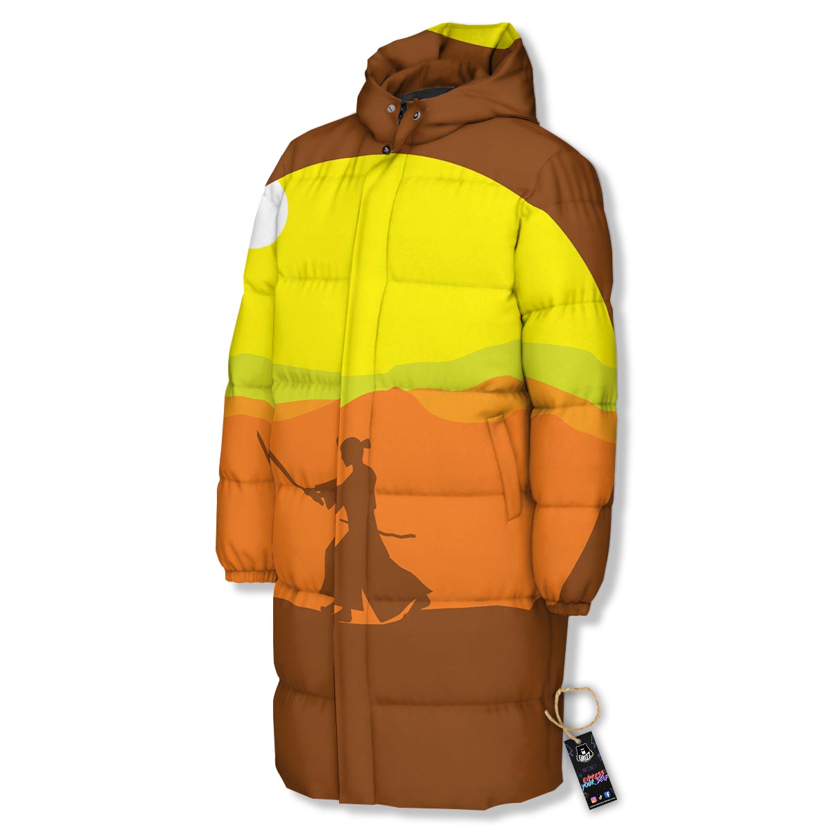Samurai Sunset Japanese Print Long Down Jacket-grizzshop