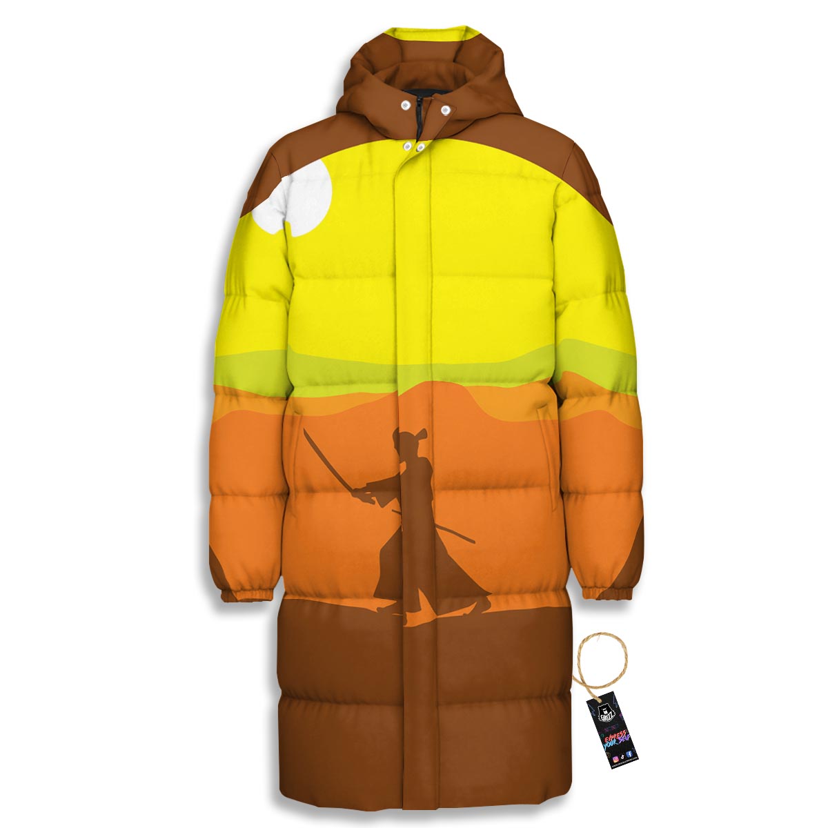 Samurai Sunset Japanese Print Long Down Jacket-grizzshop
