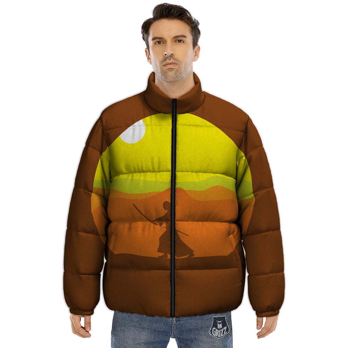Samurai Sunset Japanese Print Puffer Jacket-grizzshop