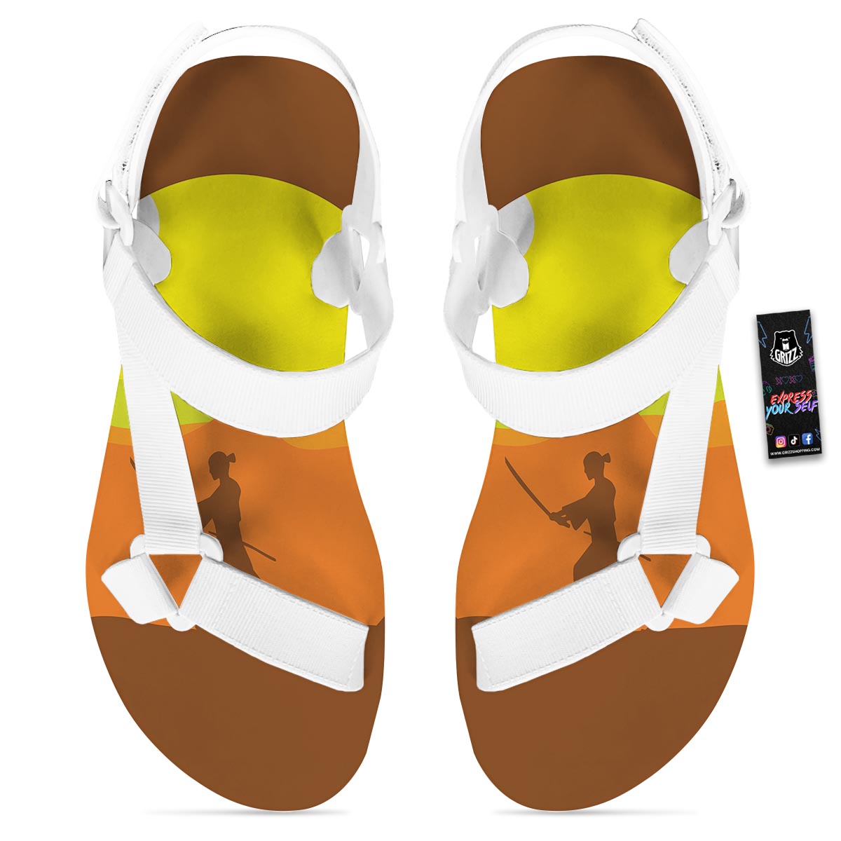 Samurai Sunset Japanese Print White Open Toe Sandals-grizzshop