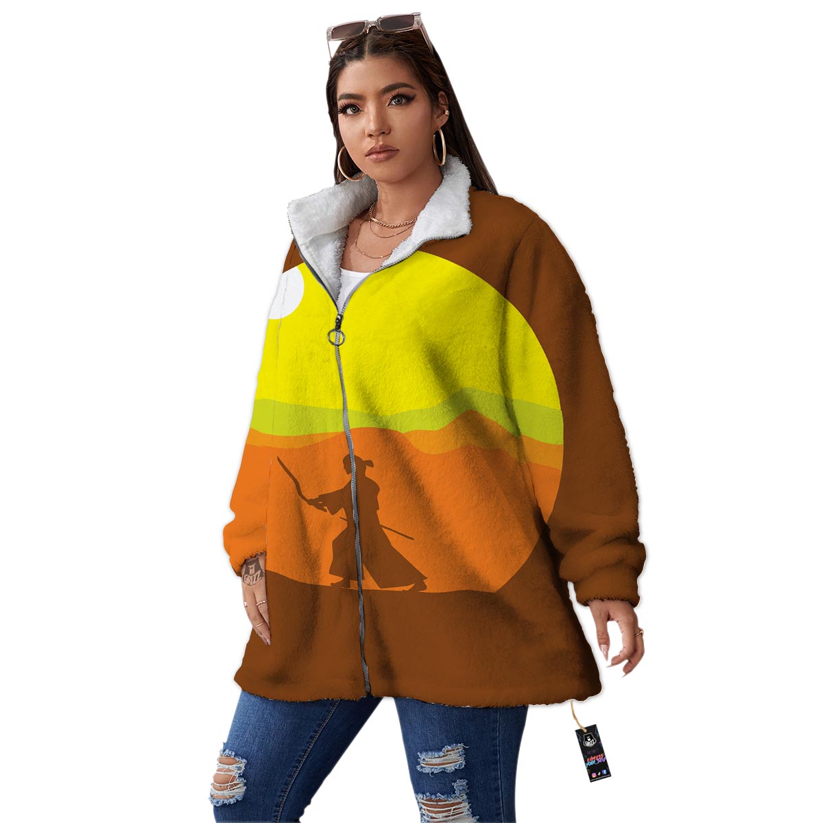 Samurai Sunset Japanese Print Women's Sherpa Jacket-grizzshop