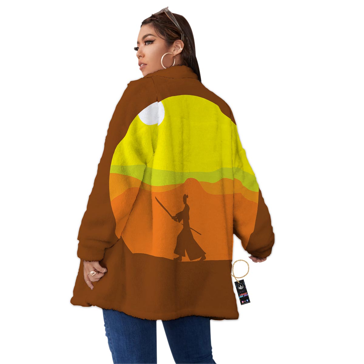 Samurai Sunset Japanese Print Women's Sherpa Jacket-grizzshop