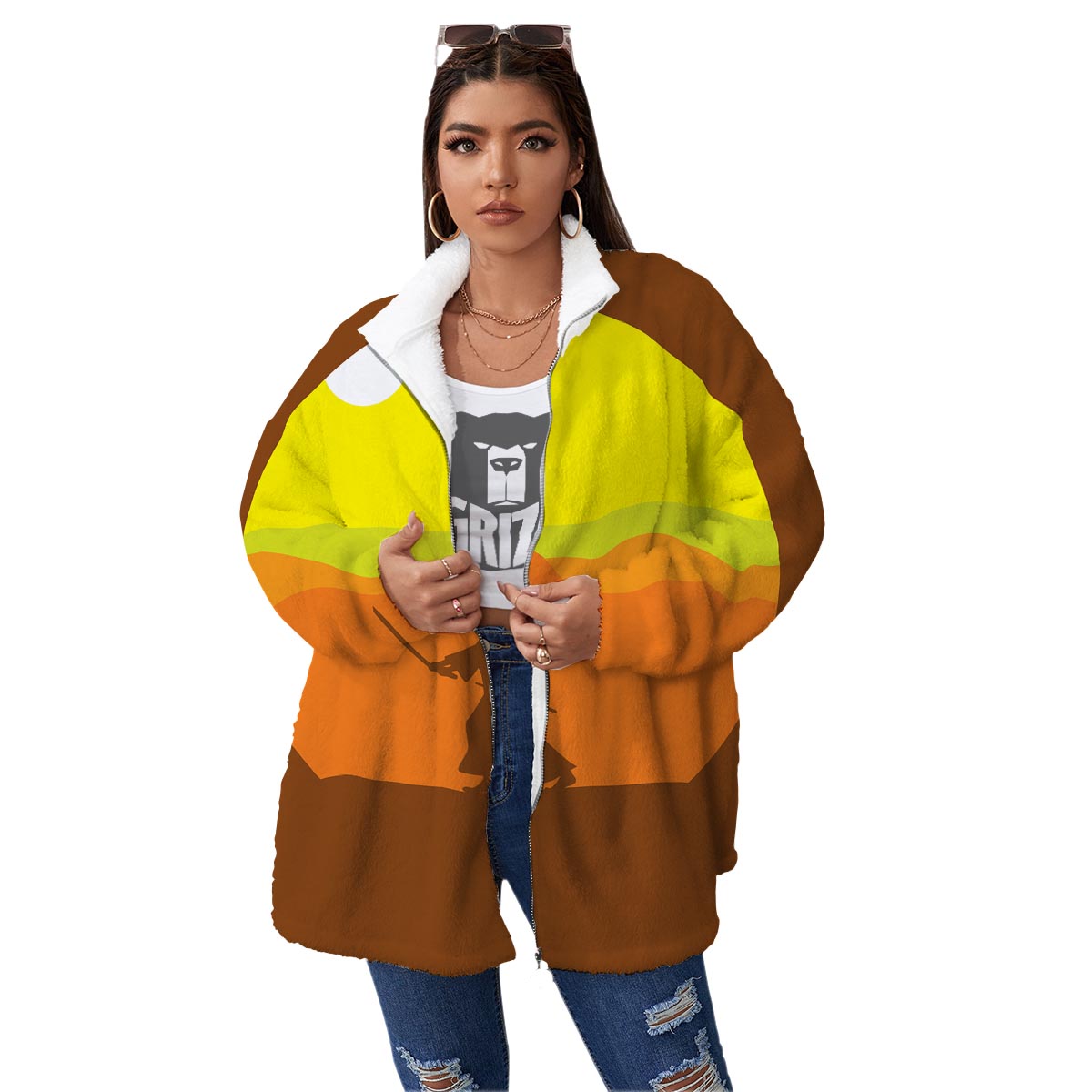 Samurai Sunset Japanese Print Women's Sherpa Jacket-grizzshop