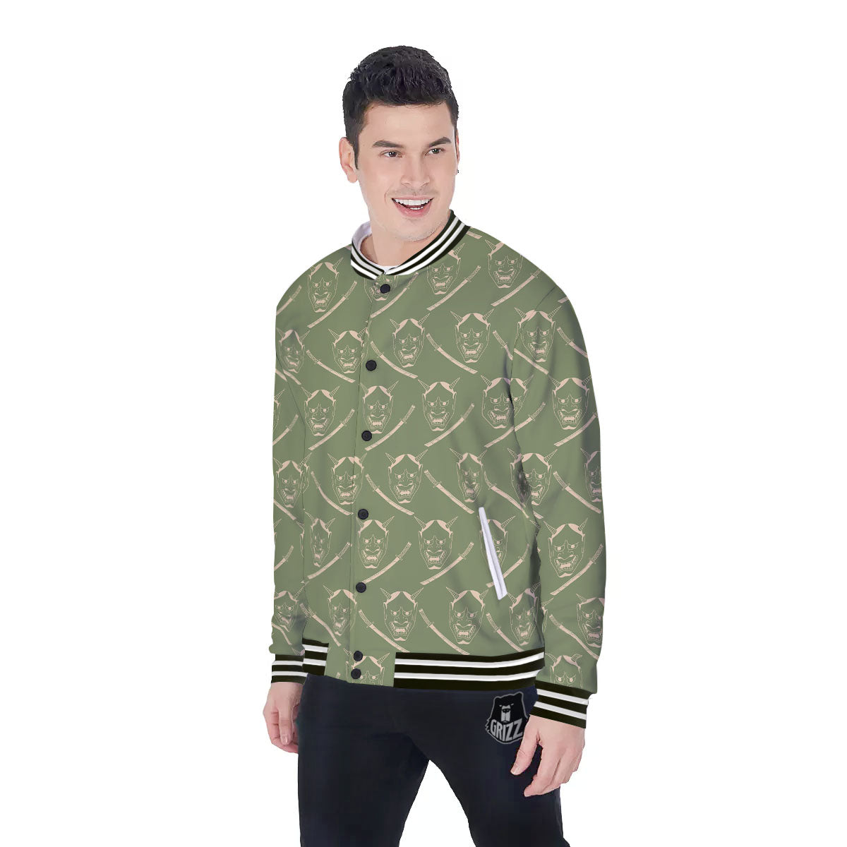 Samurai Warrior Mask Japanese Print Pattern Baseball Jacket-grizzshop