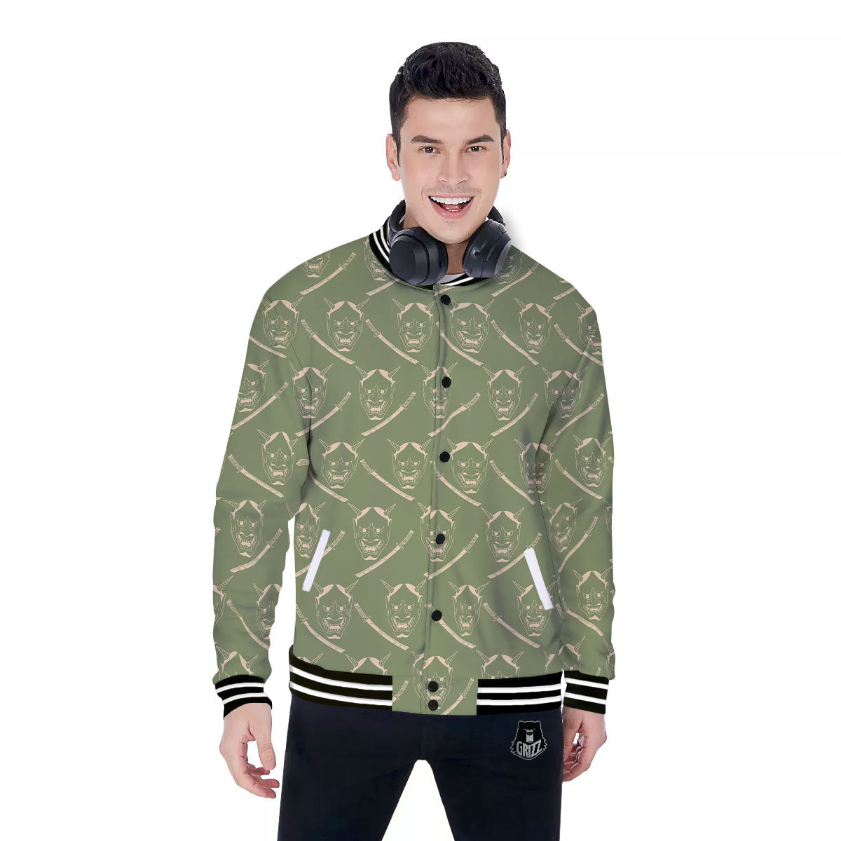 Samurai Warrior Mask Japanese Print Pattern Baseball Jacket-grizzshop