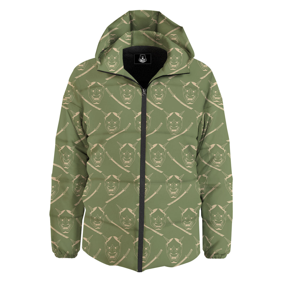 Samurai Warrior Mask Japanese Print Pattern Down Jacket-grizzshop