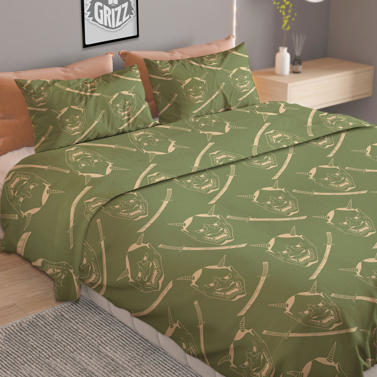 Samurai Warrior Mask Japanese Print Pattern Duvet Cover Bedding Set