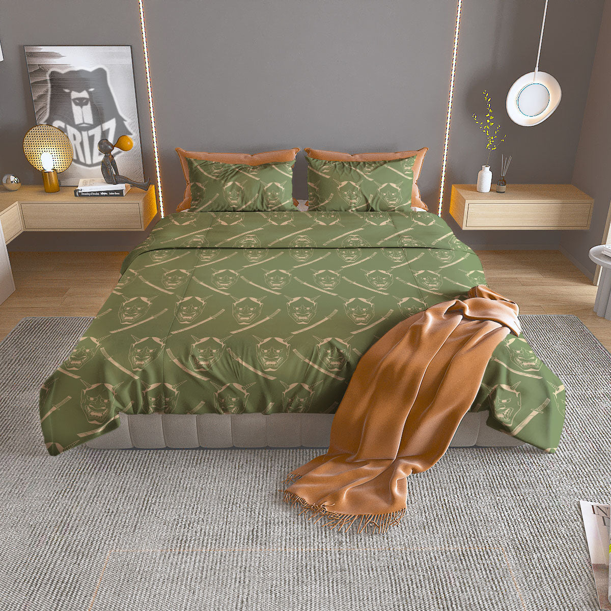 Samurai Warrior Mask Japanese Print Pattern Duvet Cover Bedding Set