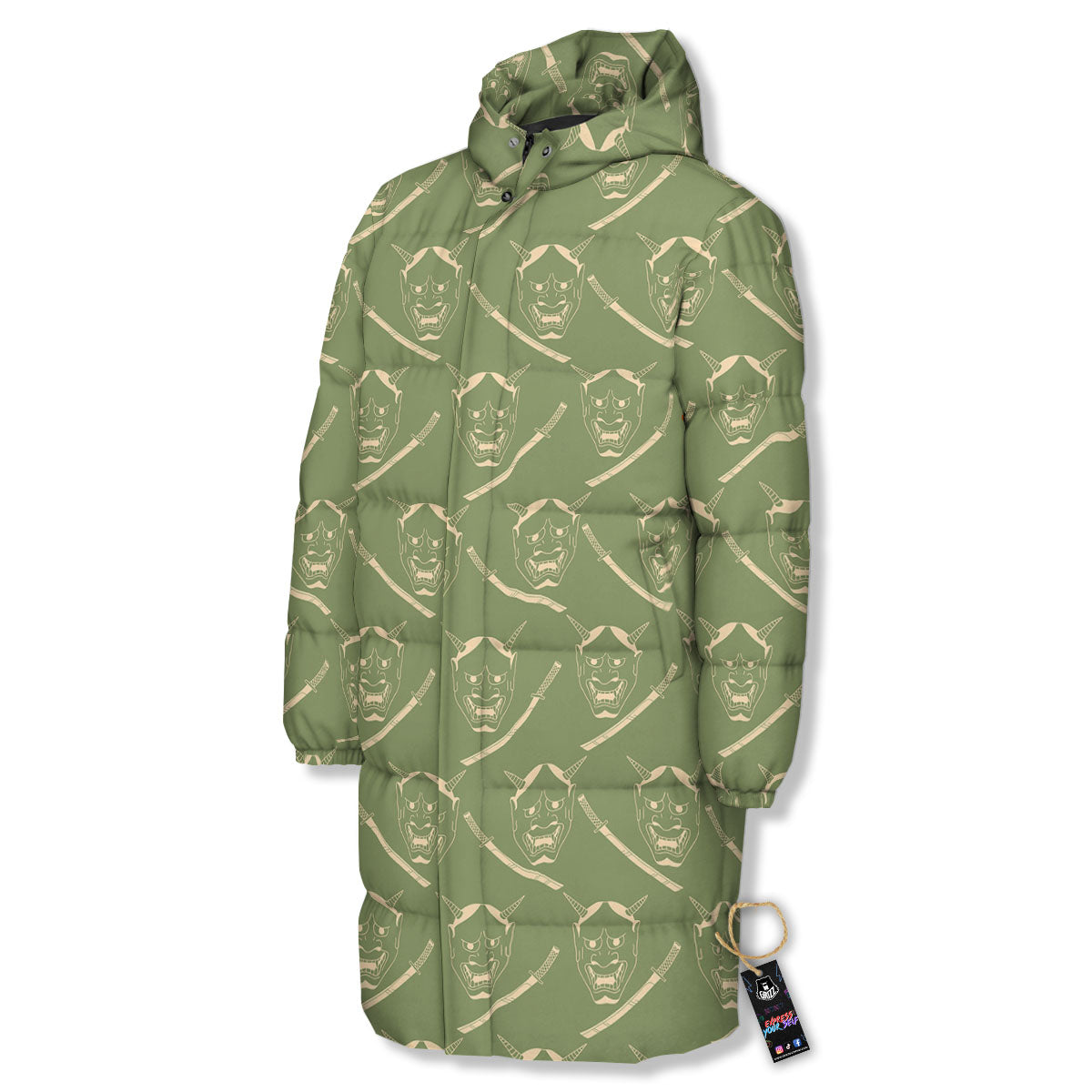 Samurai Warrior Mask Japanese Print Pattern Long Down Jacket-grizzshop