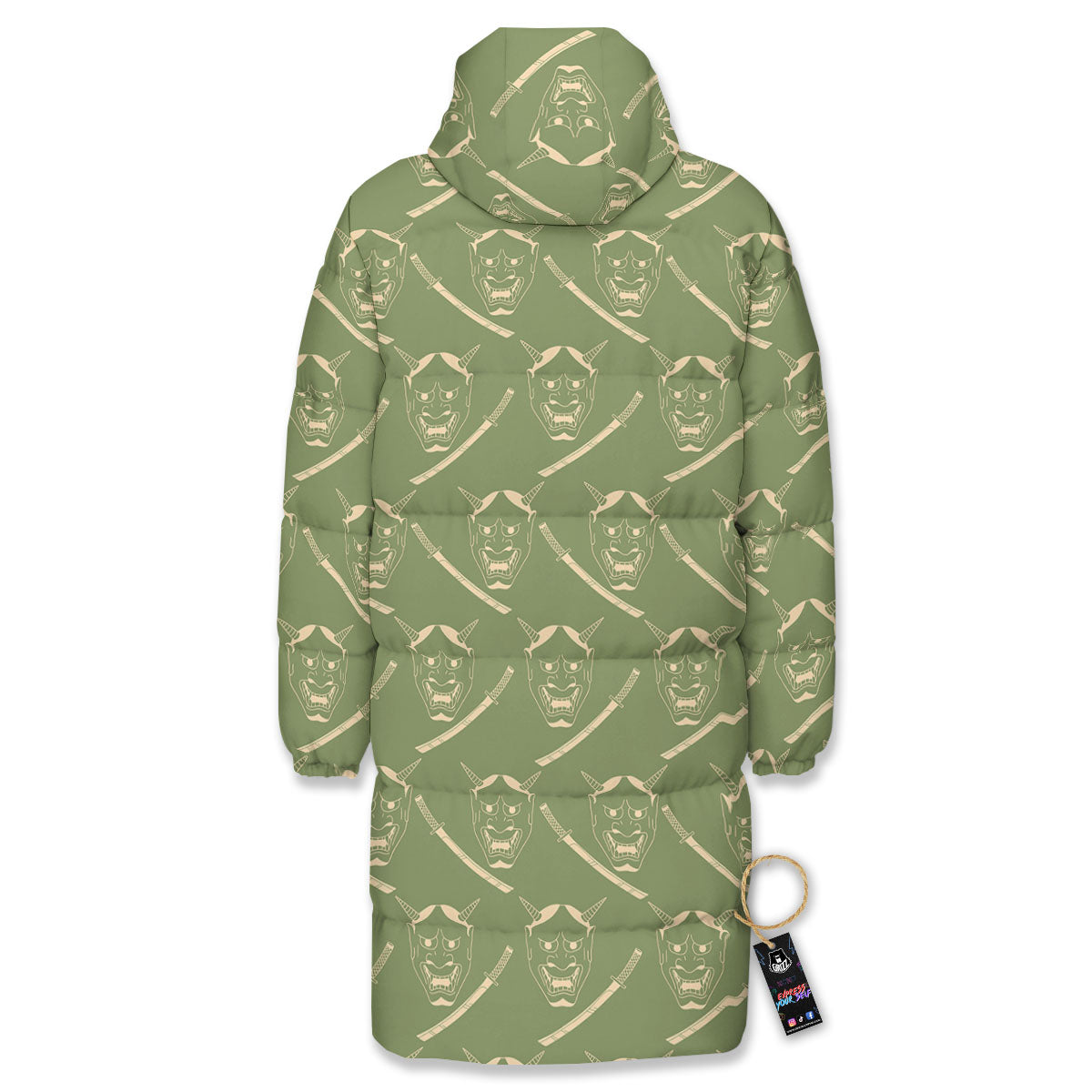 Samurai Warrior Mask Japanese Print Pattern Long Down Jacket-grizzshop
