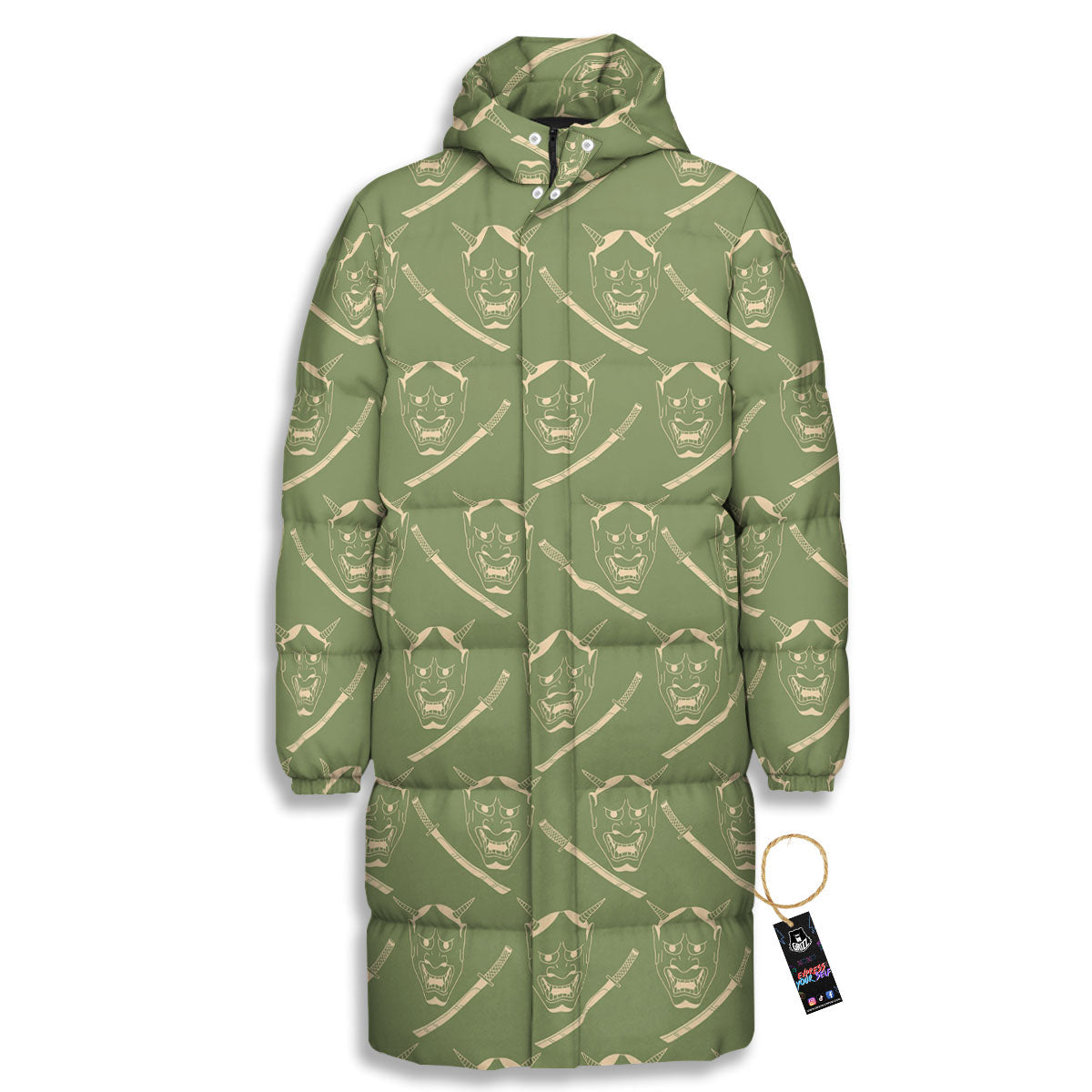 Samurai Warrior Mask Japanese Print Pattern Long Down Jacket-grizzshop