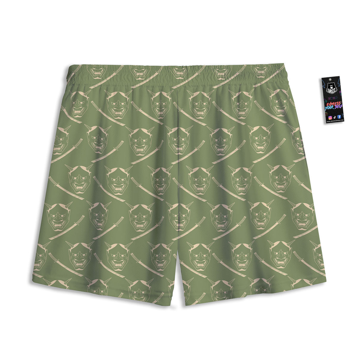 Samurai Warrior Mask Japanese Print Pattern Mesh Shorts