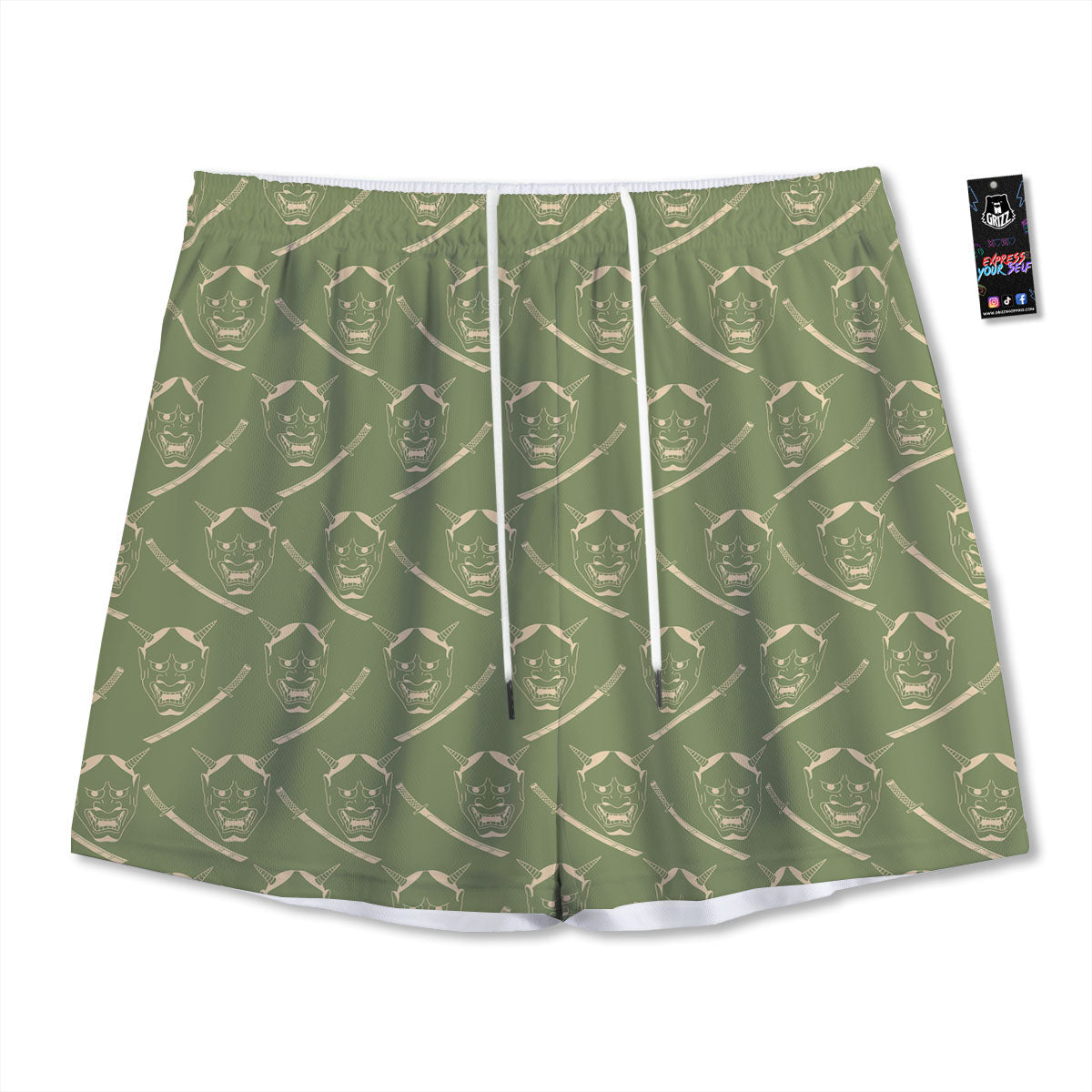 Samurai Warrior Mask Japanese Print Pattern Mesh Shorts