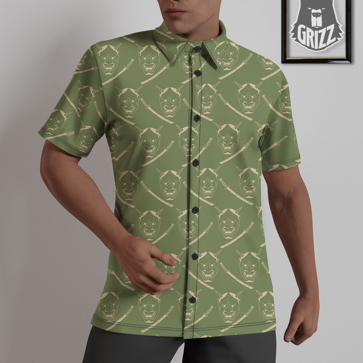 Samurai Warrior Mask Japanese Print Pattern Untucked Shirts-grizzshop