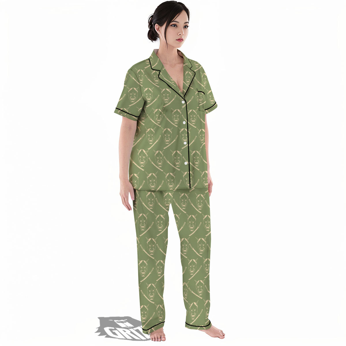 Samurai Warrior Mask Japanese Print Pattern Women's Pajamas Set-grizzshop