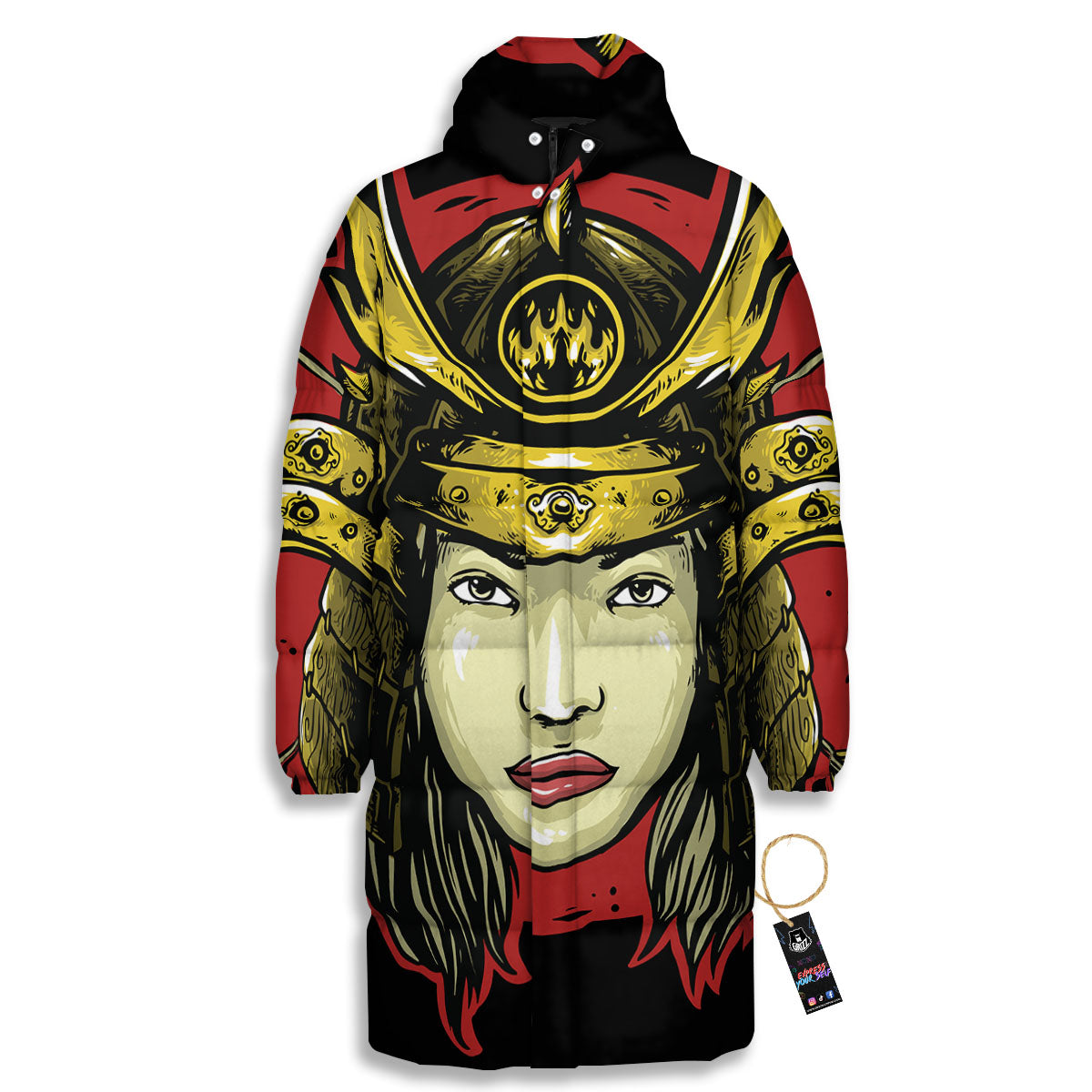 Samurai Woman Japanese Print Long Down Jacket-grizzshop