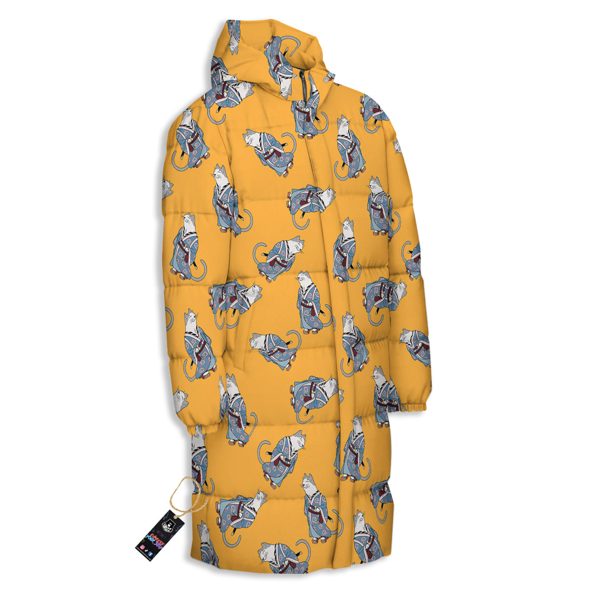 Samurai Cat Print Pattern Long Down Jacket