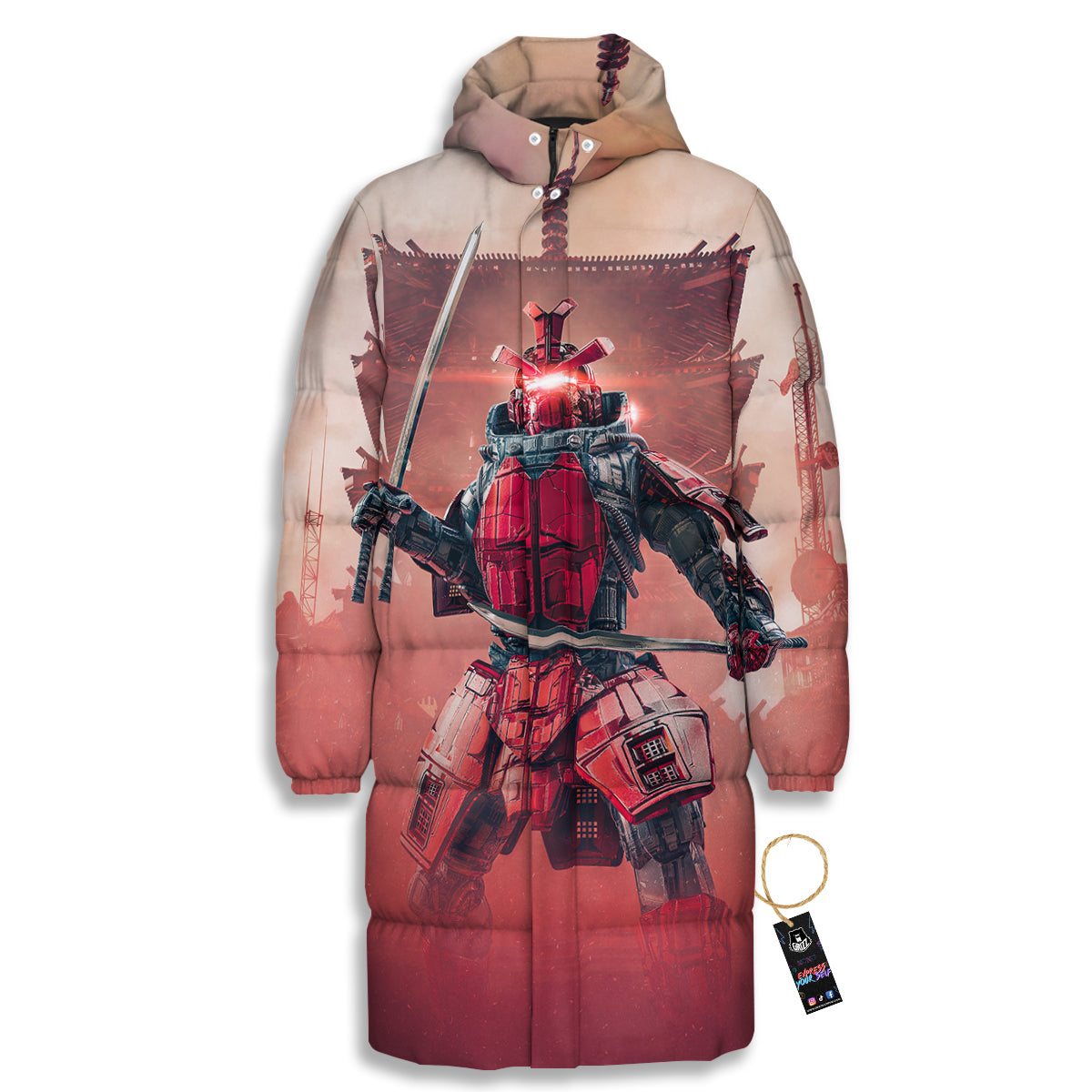 Samurai Robot Print Long Down Jacket