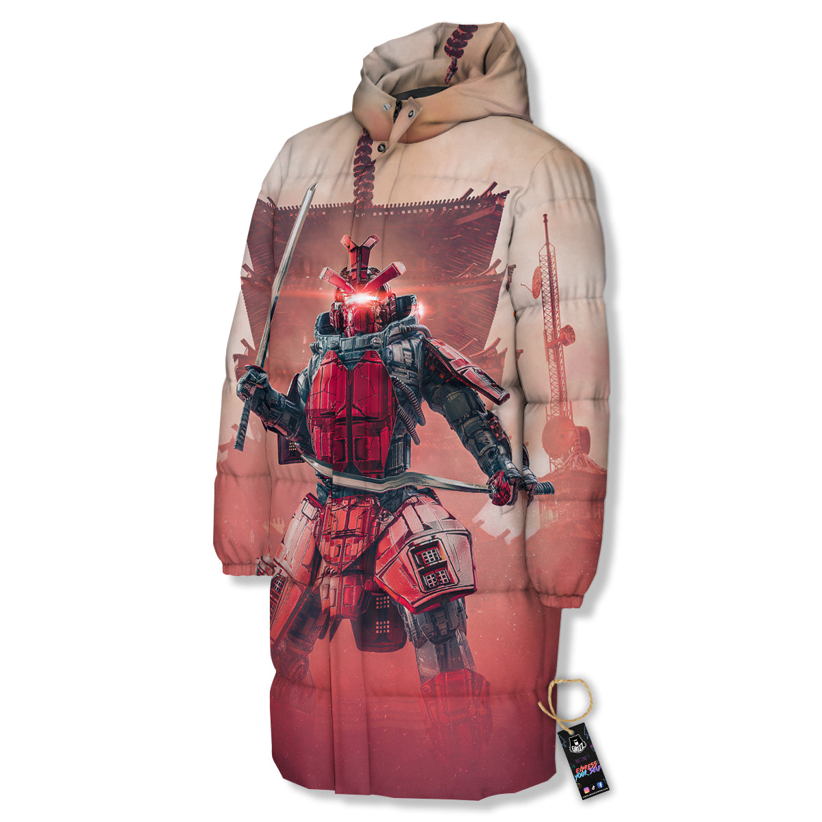 Samurai Robot Print Long Down Jacket