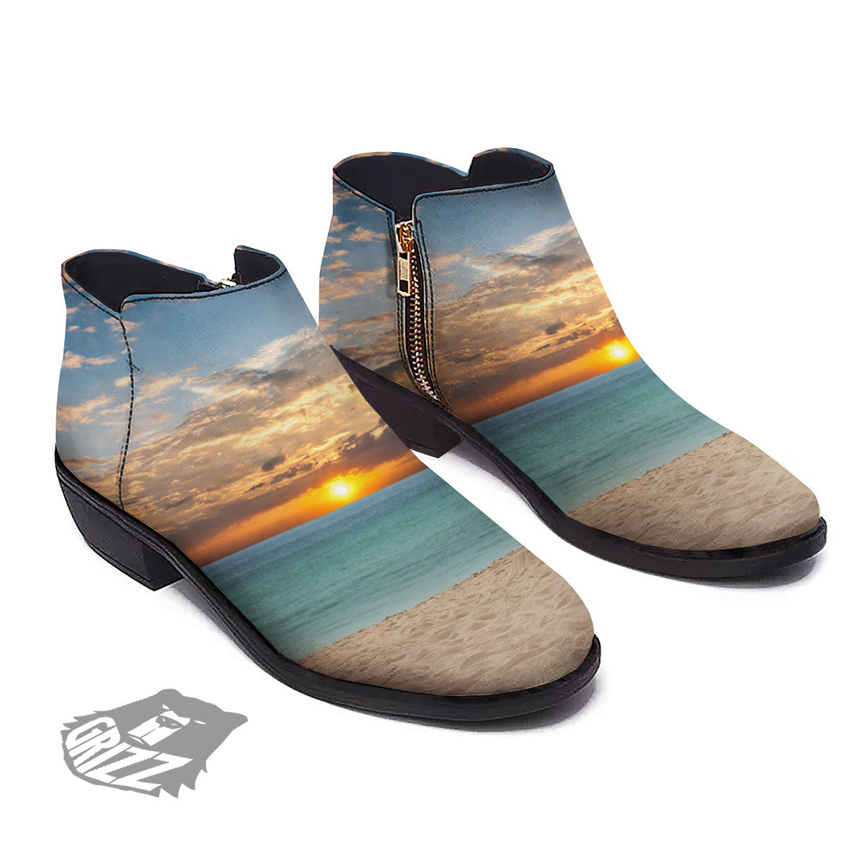 Sand Beach And Sunset Print Ankle Boots-grizzshop