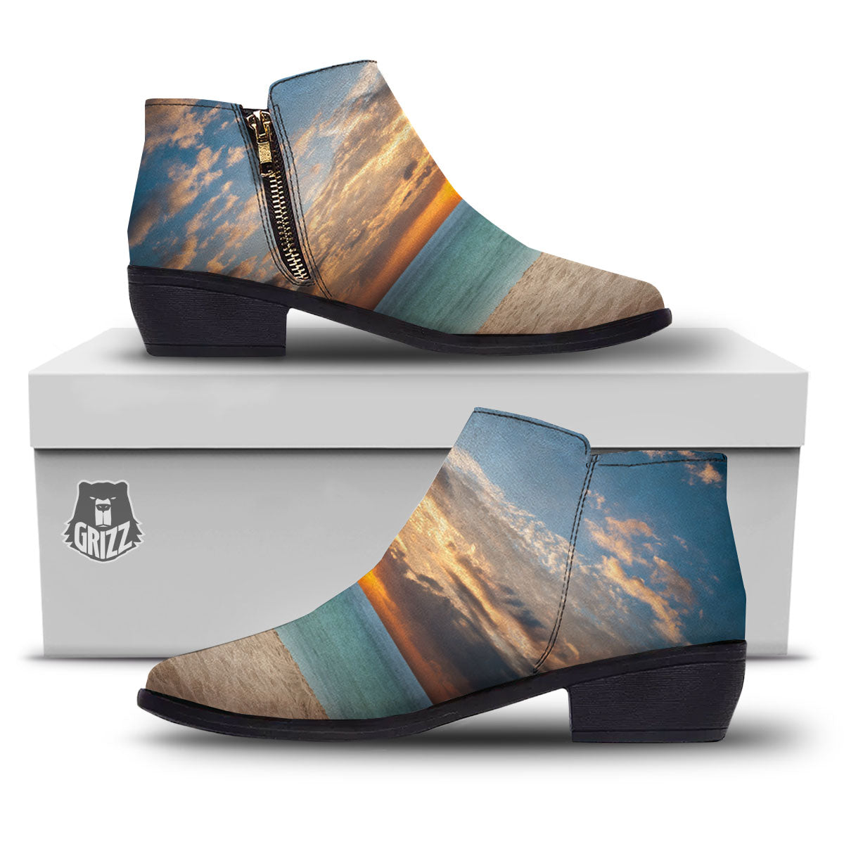 Sand Beach And Sunset Print Ankle Boots-grizzshop
