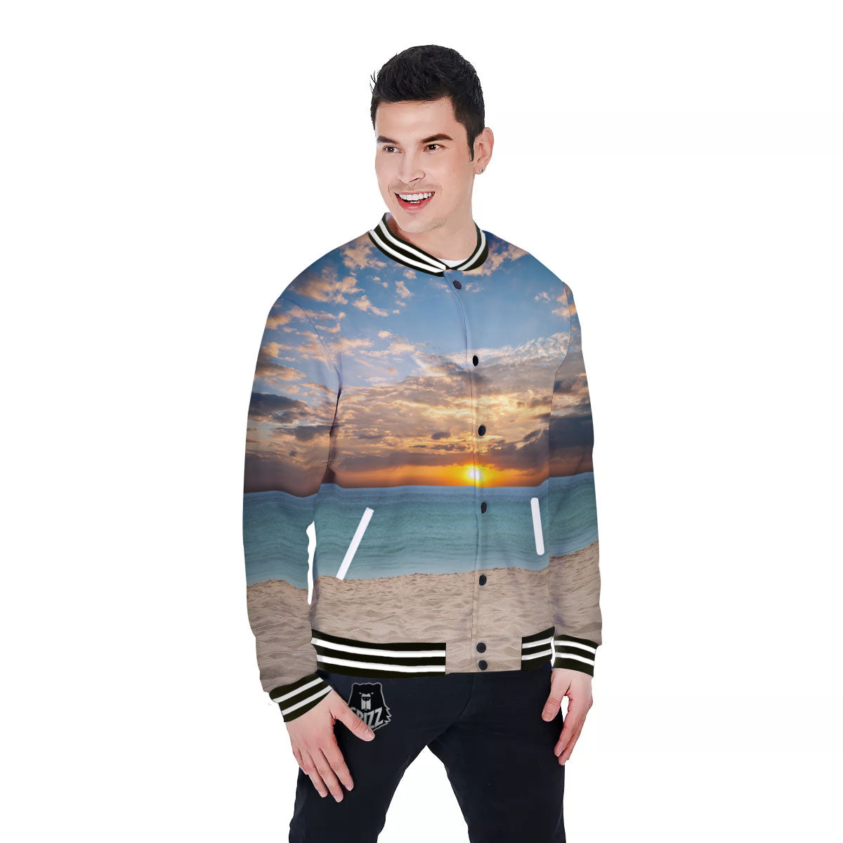 Sand Beach And Sunset Print Baseball Jacket-grizzshop