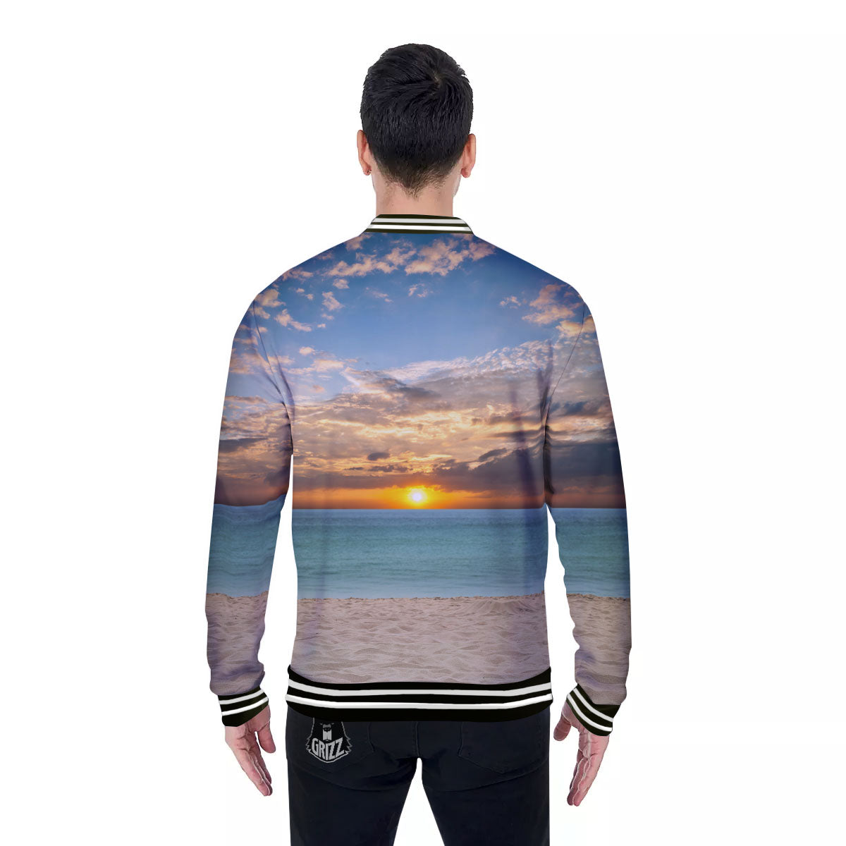 Sand Beach And Sunset Print Baseball Jacket-grizzshop