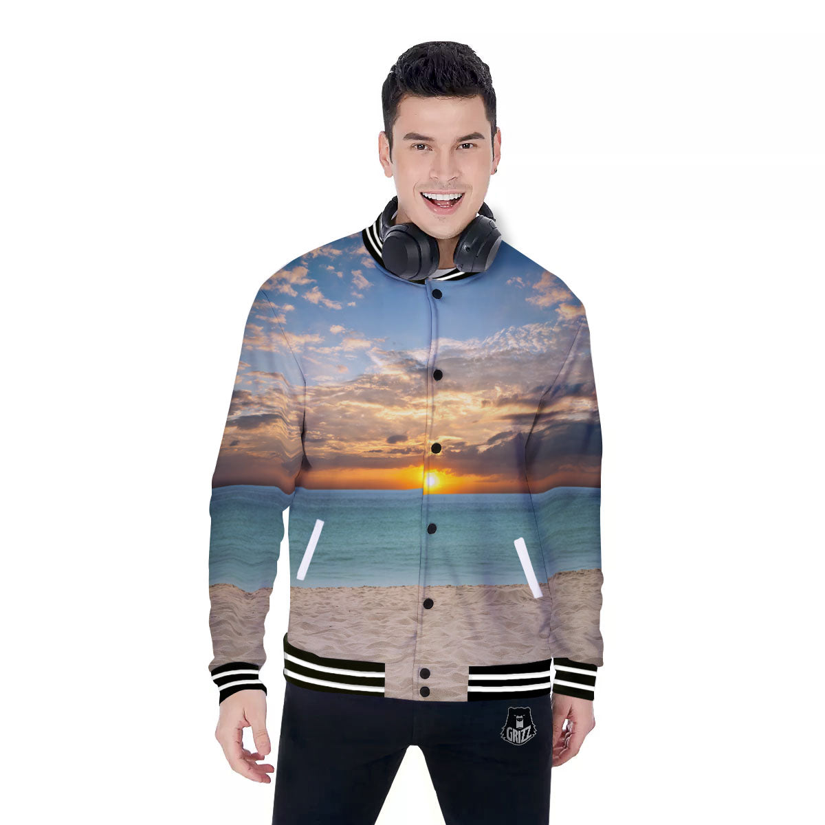 Sand Beach And Sunset Print Baseball Jacket-grizzshop