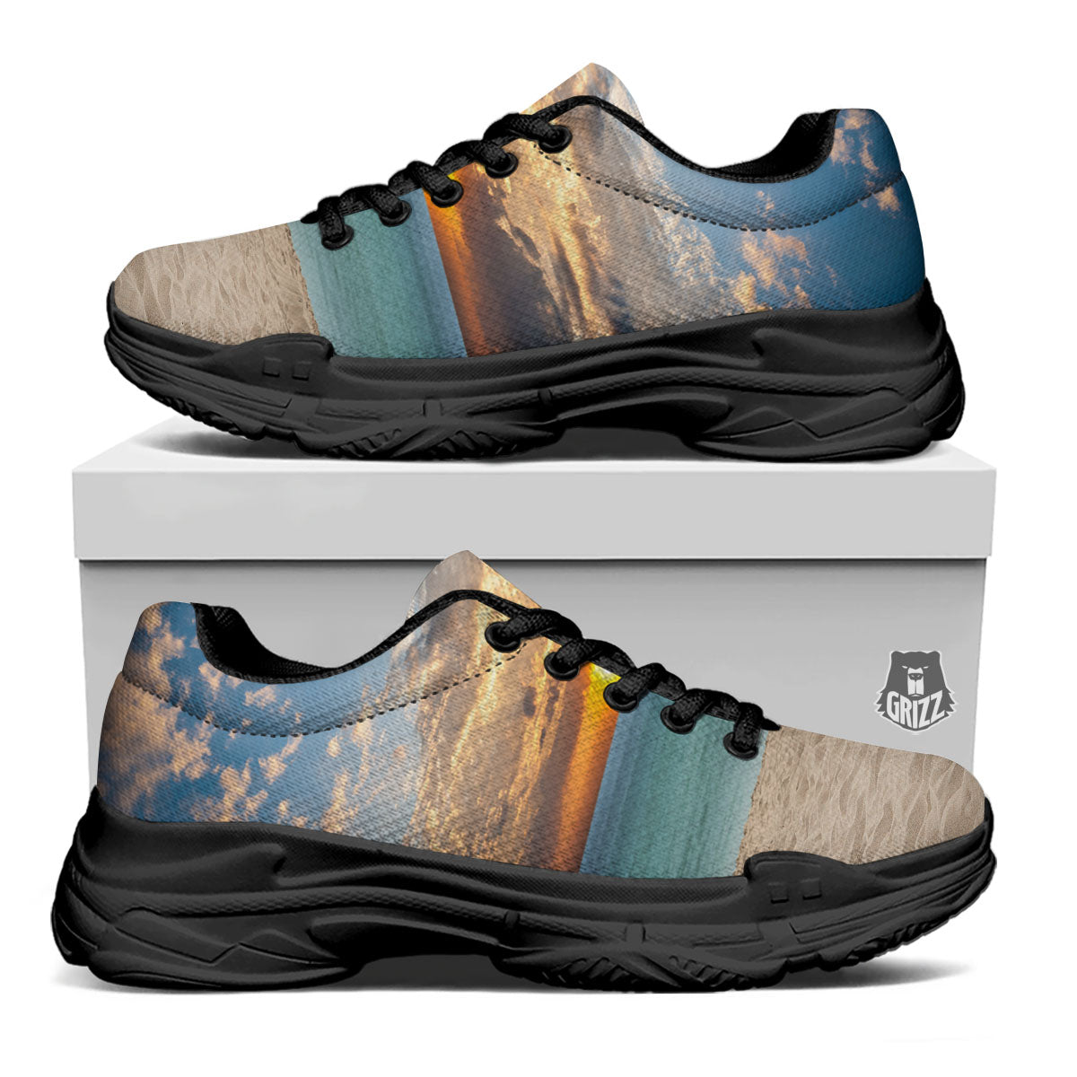 Sand Beach And Sunset Print Black Chunky Shoes-grizzshop