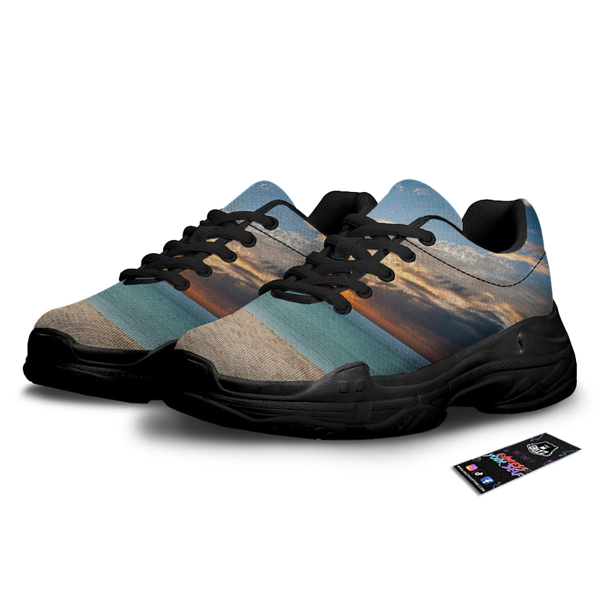 Sand Beach And Sunset Print Black Chunky Shoes-grizzshop