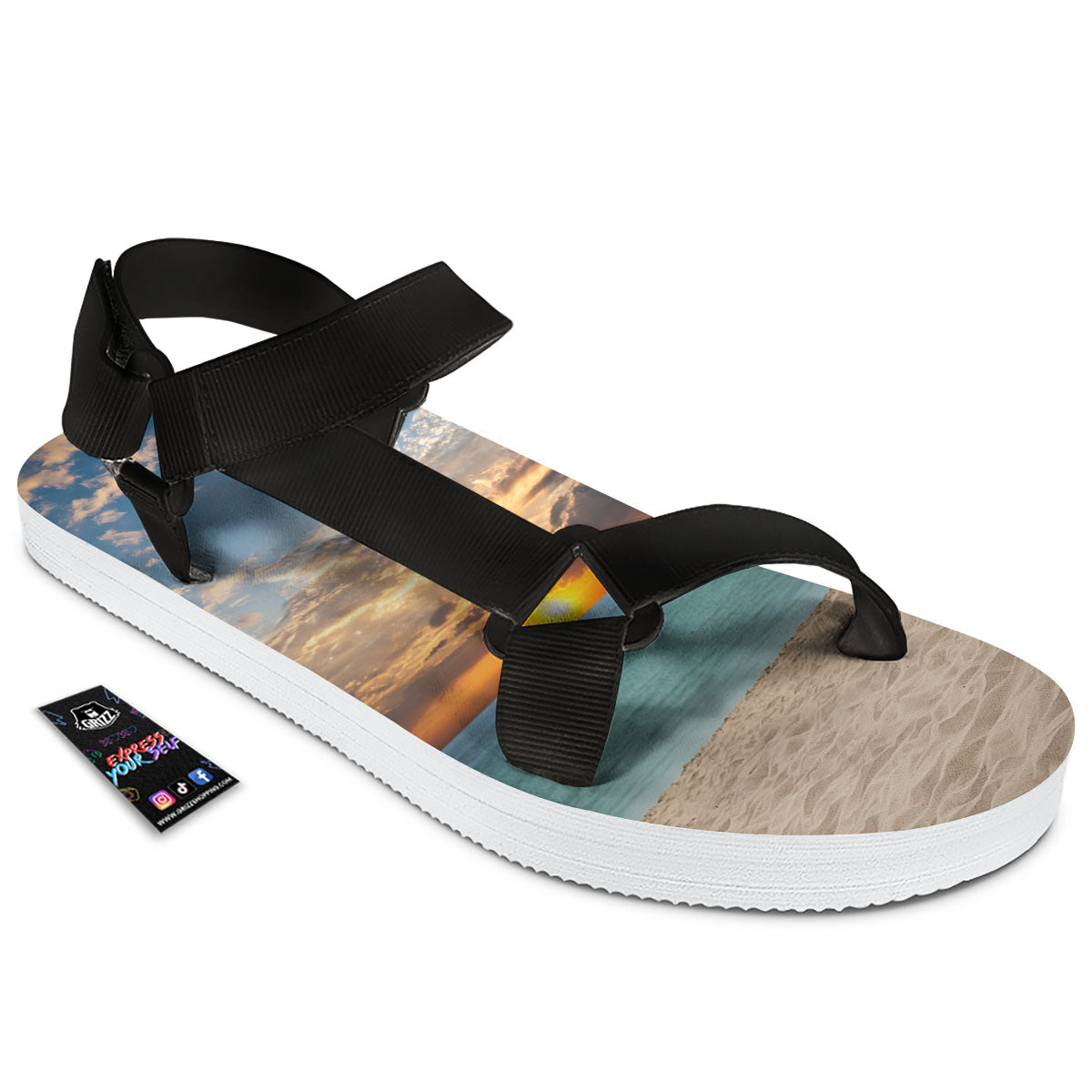 Sand Beach And Sunset Print Black Open Toe Sandals-grizzshop