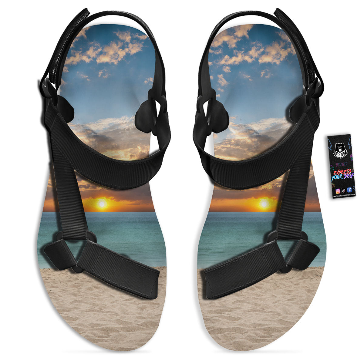 Sand Beach And Sunset Print Black Open Toe Sandals-grizzshop