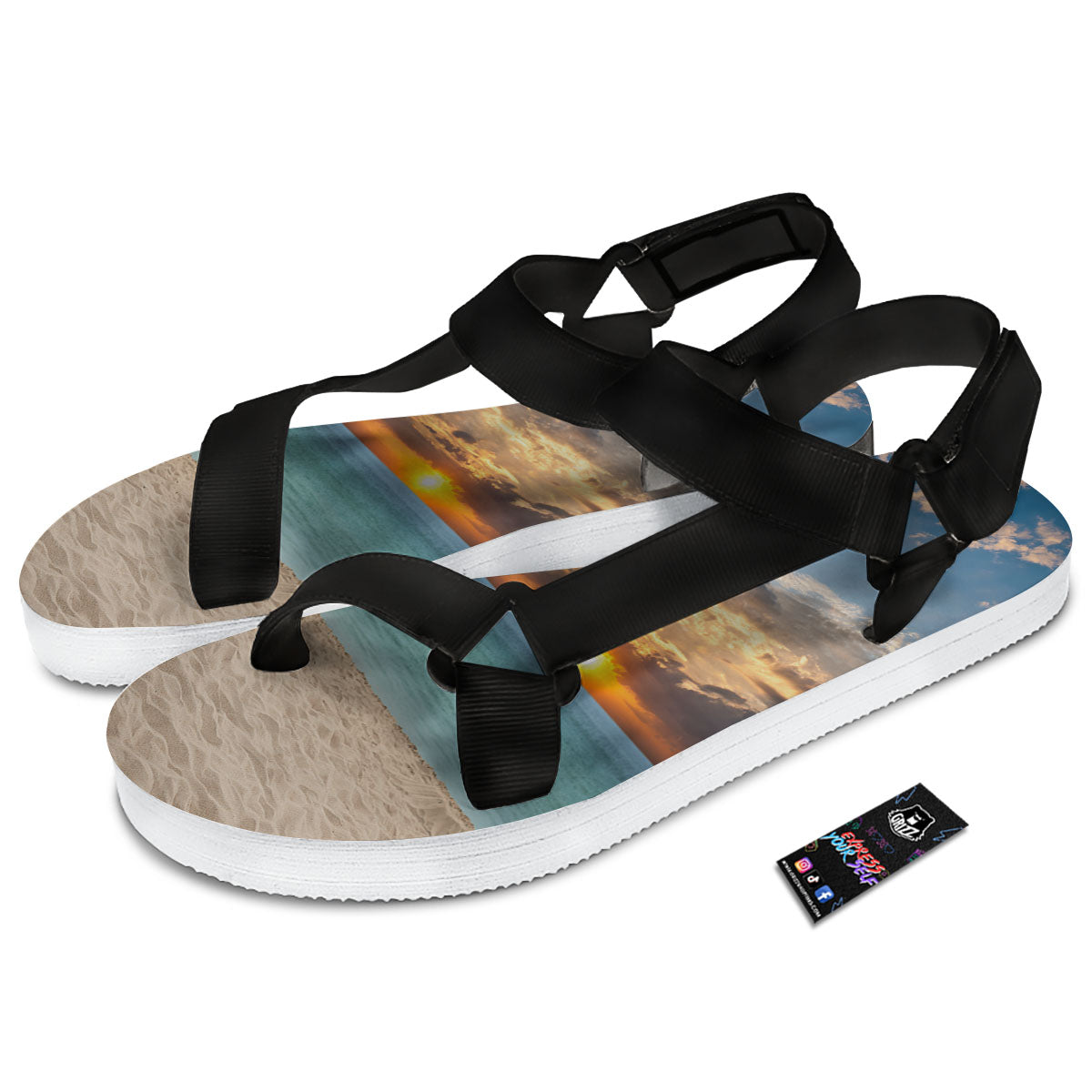 Sand Beach And Sunset Print Black Open Toe Sandals-grizzshop