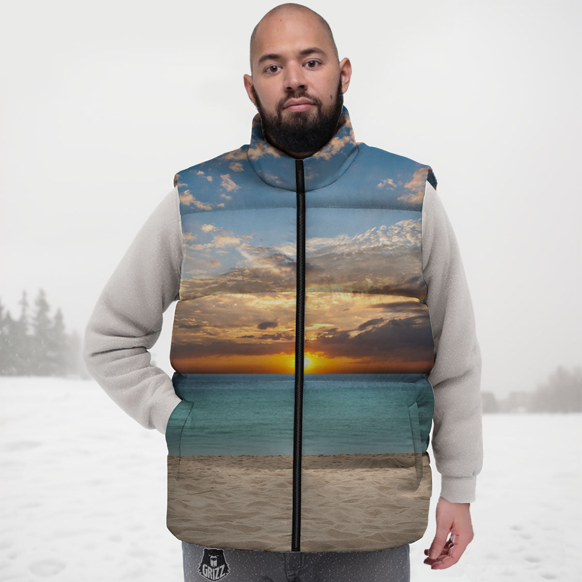 Sand Beach And Sunset Print Down Vest