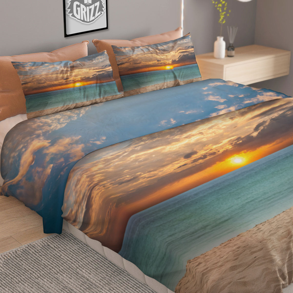 Sand Beach And Sunset Print Duvet Cover Bedding Set