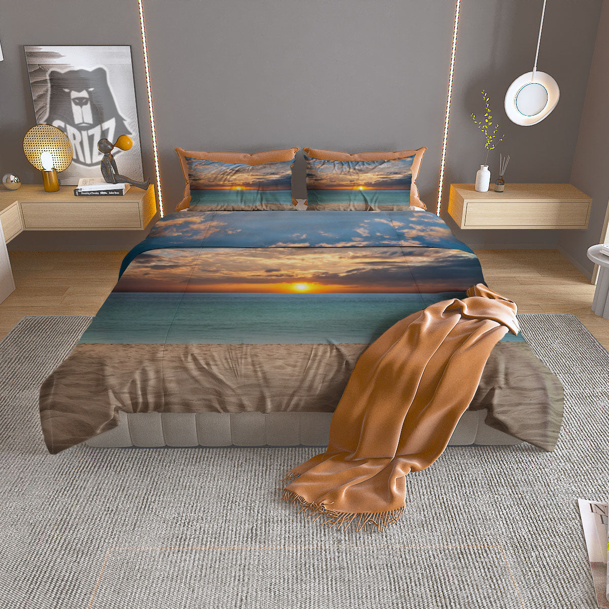 Sand Beach And Sunset Print Duvet Cover Bedding Set