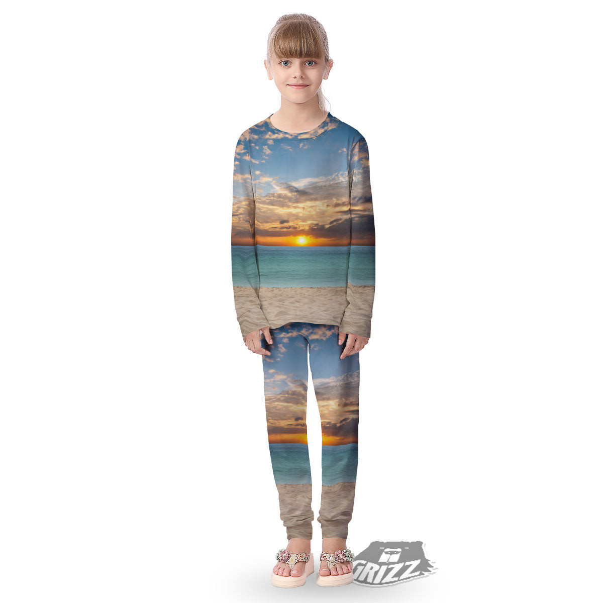 Sand Beach And Sunset Print Kid's Pajamas-grizzshop