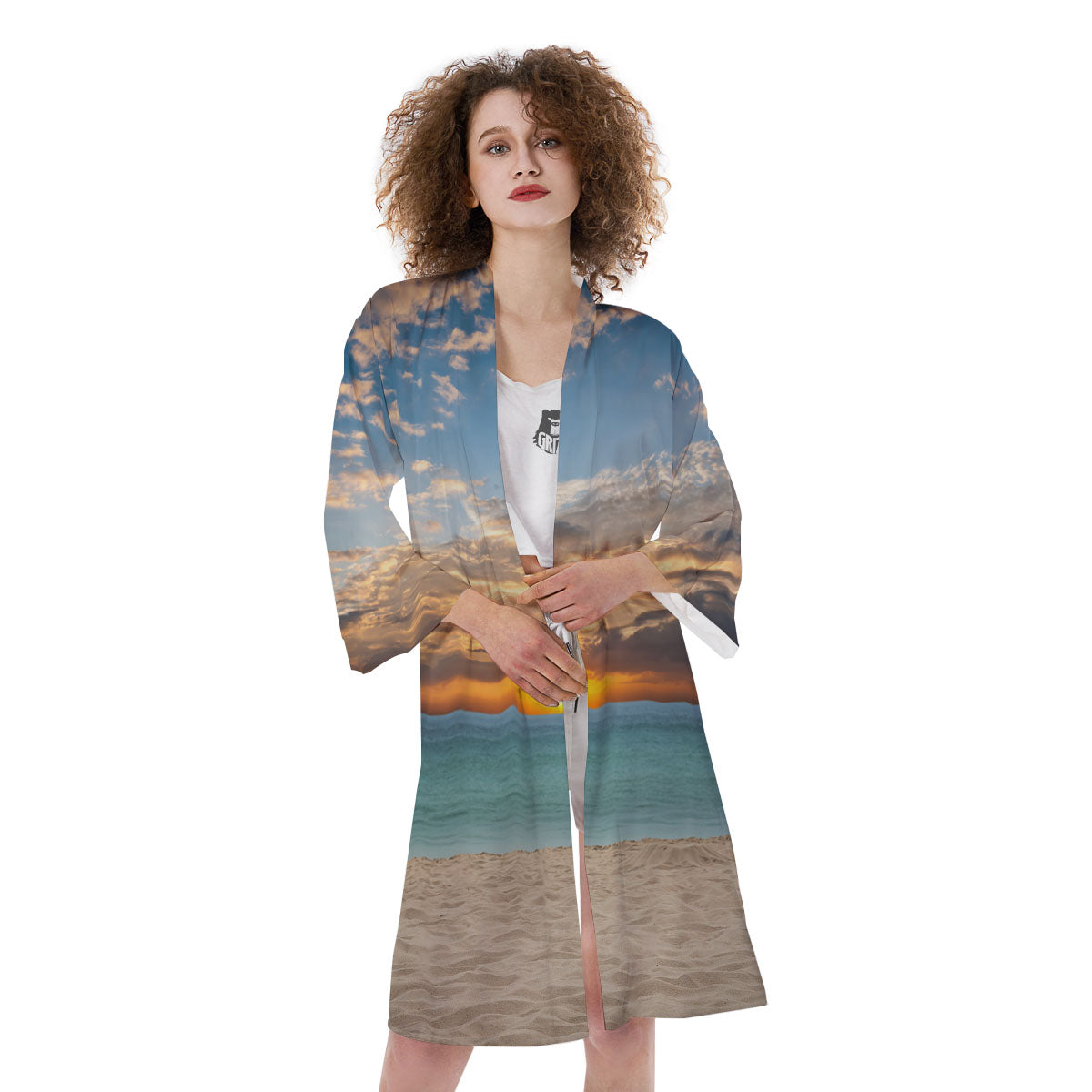 Sand Beach And Sunset Print Kimono-grizzshop
