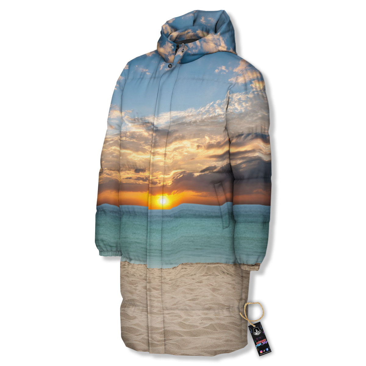Sand Beach And Sunset Print Long Down Jacket-grizzshop