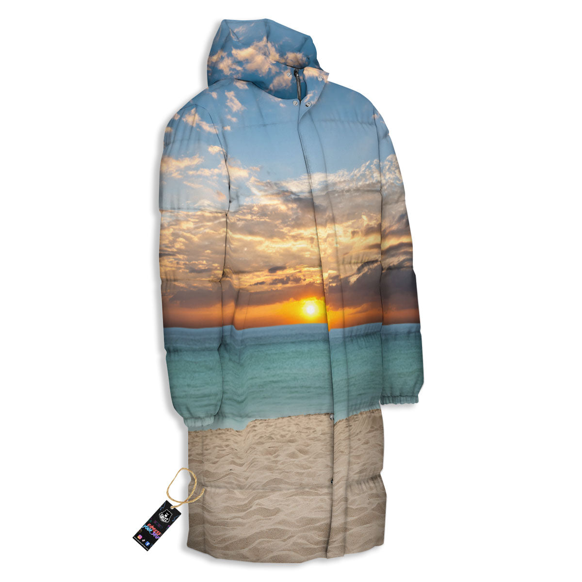 Sand Beach And Sunset Print Long Down Jacket-grizzshop