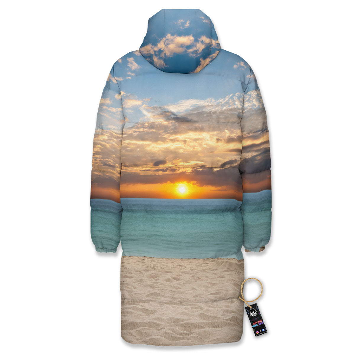 Sand Beach And Sunset Print Long Down Jacket-grizzshop