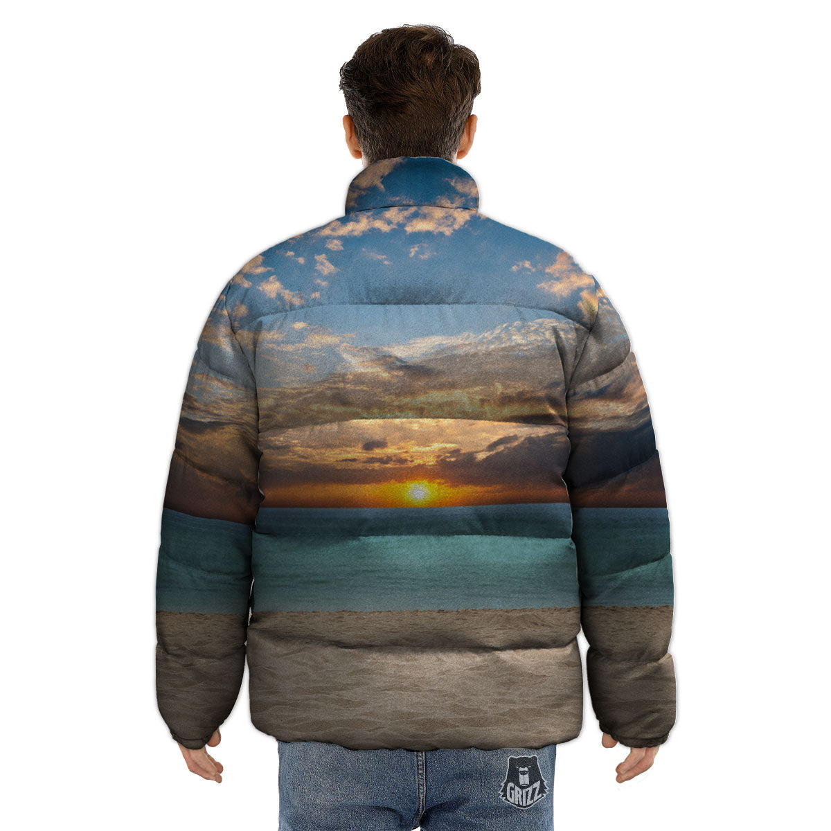 Sand Beach And Sunset Print Puffer Jacket-grizzshop